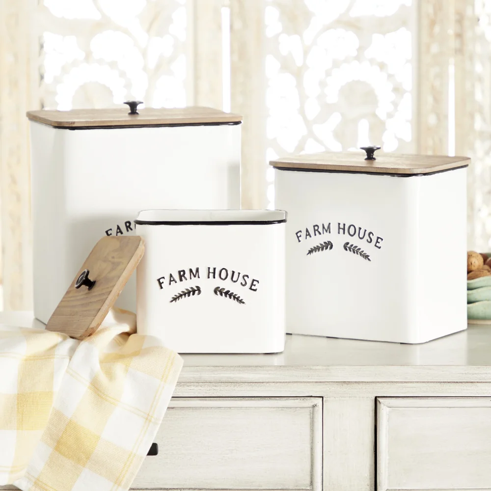 

Farmhouse White Metal Canisters with Natural Brown Lid, Set of 3 11" , 9", 7"H food storage containers kitchen organizer