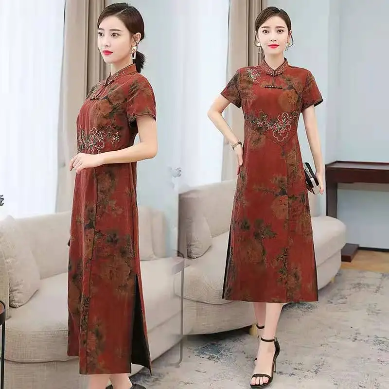 Женская длинная шелковая юбка-Ципао с воротником-стойкой и коротким рукавом |