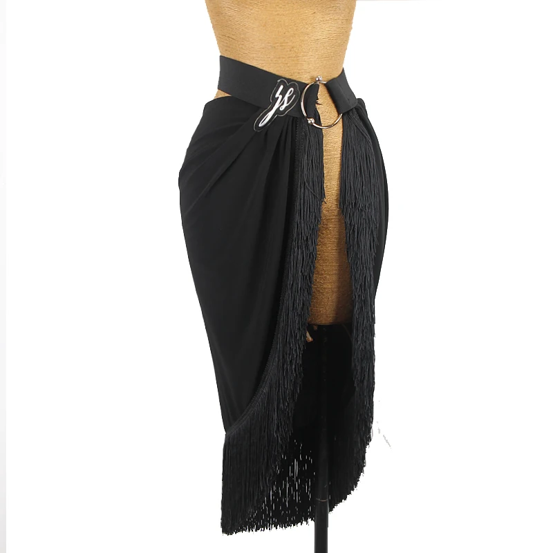 

Stretch One Size Latin Dance Skirt Black Tassel Hip Scarf Latin Practice Clothes Women Cha Cha Rumba Performance Wear DNV16052