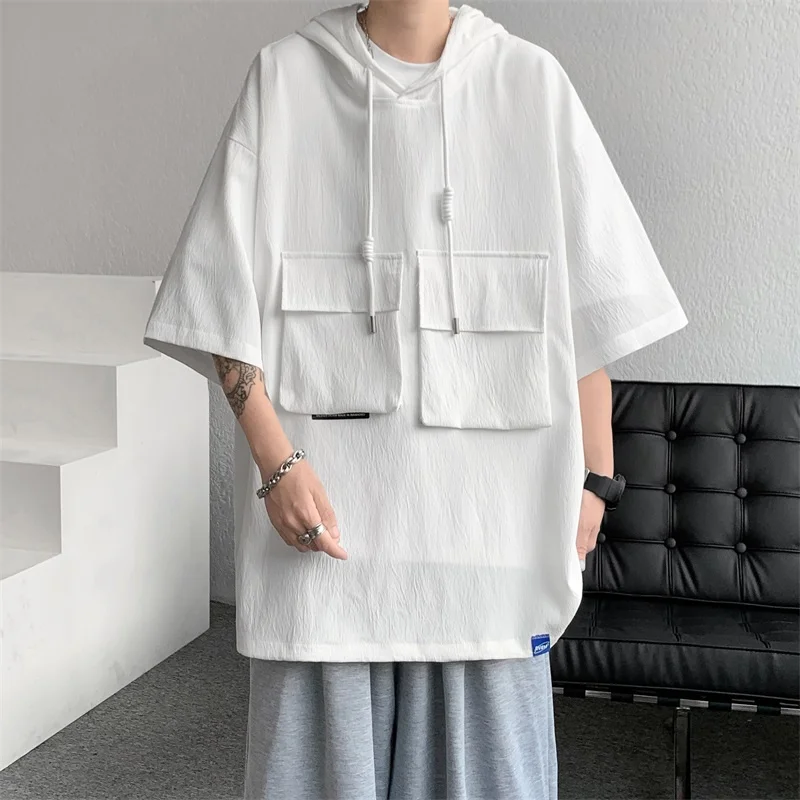 

Summer Hooded Tshirt Men Fashion Retro Pocket T Shirt Men Japanese Streetwear Hip Hop Loose Short Sleeve T-shirt Mens Top M-3XL