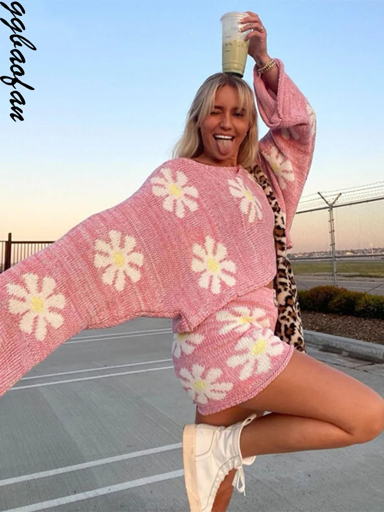 

Осенне-зимний Повседневный женский свитер Ggbaofan с длинным рукавом, топ, трикотажные и байкерские лодочки Y2K, комплект из двух предметов, мода ...