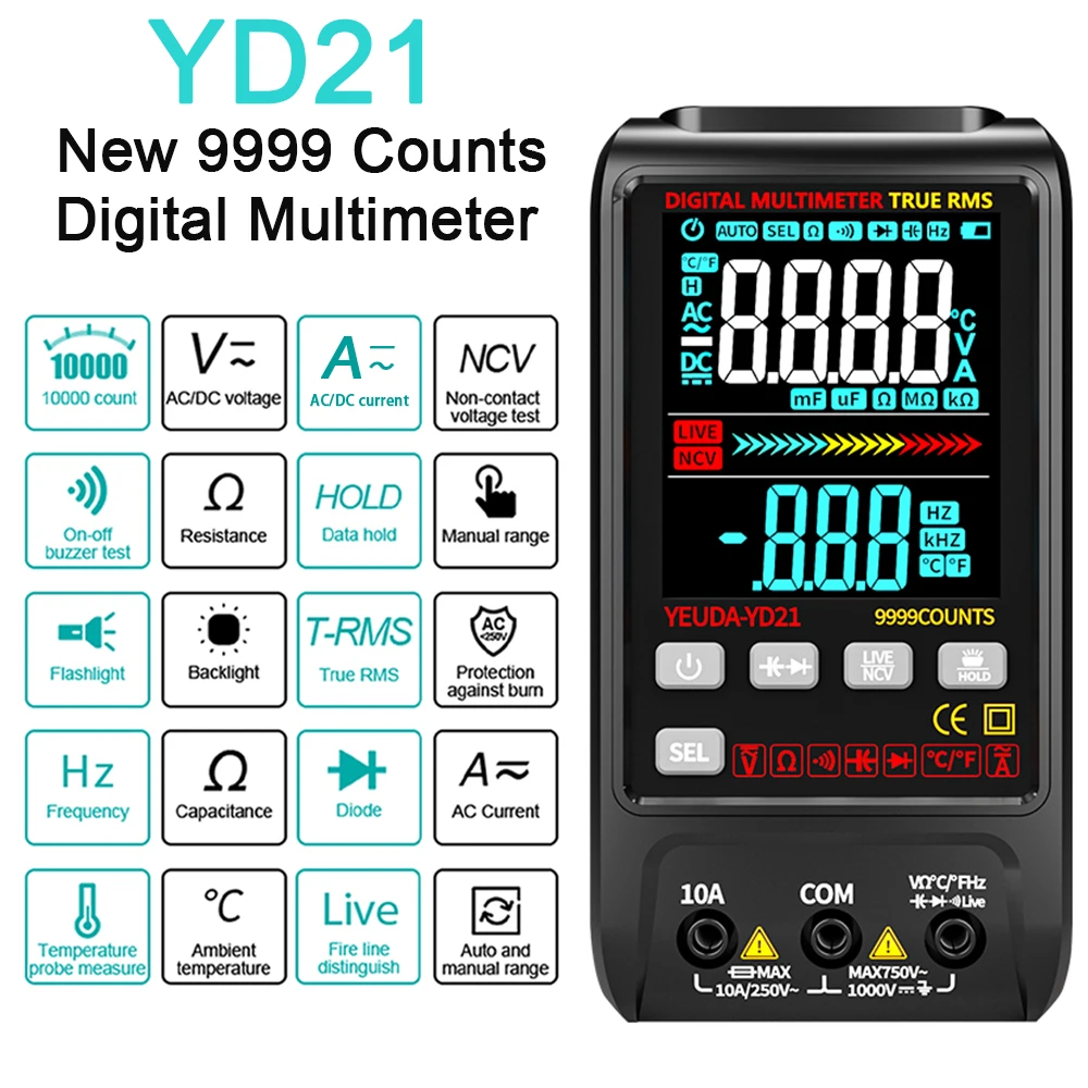 

Multimetro Digital Profesional 9999 Counts DC AC Current Voltage Multimeter True RMS Auto Range Capacitance Temp Ohm Hz Tester