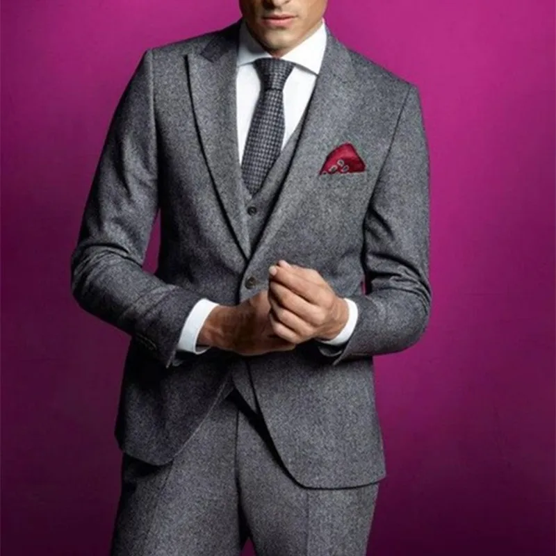 

2022 Latest Coat Pant Designs Grey Tweed Men Suit Classic Slim Fit mens Blazer Masculino Custom Tuxedo 3 Piece Jacket suits