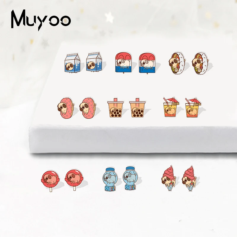 

2022 New Arrival Fashion Kawaii Pug Love Desserts Snacks Foods Handcraft Kawai Epoxy Acrylic Stud Earrings