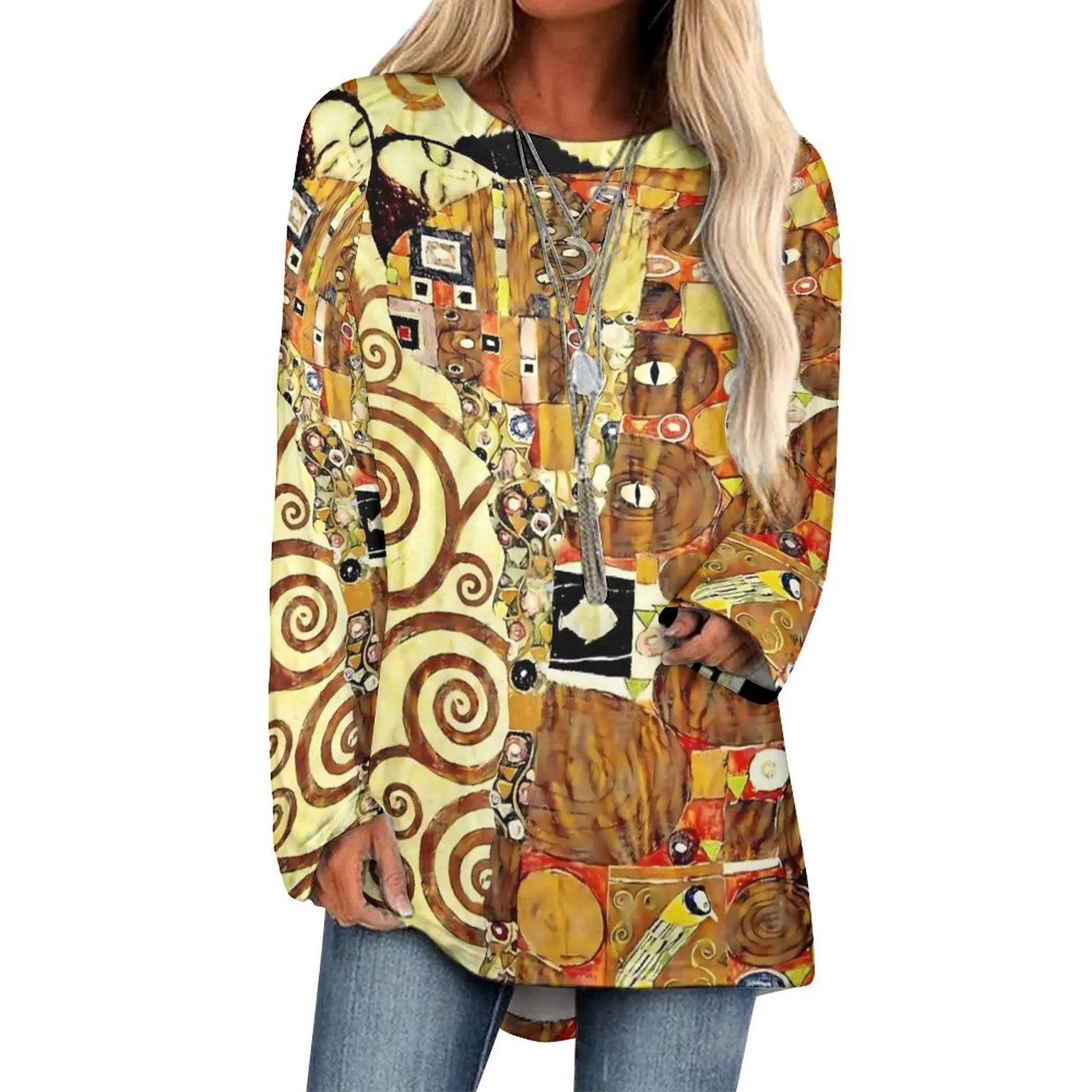 

Gustav Klimt Detail T-Shirts The Trees of Life Street Wear Long-Sleeve T Shirt Pretty Pattern Tees Ladies Tops 3XL 4XL 5XL