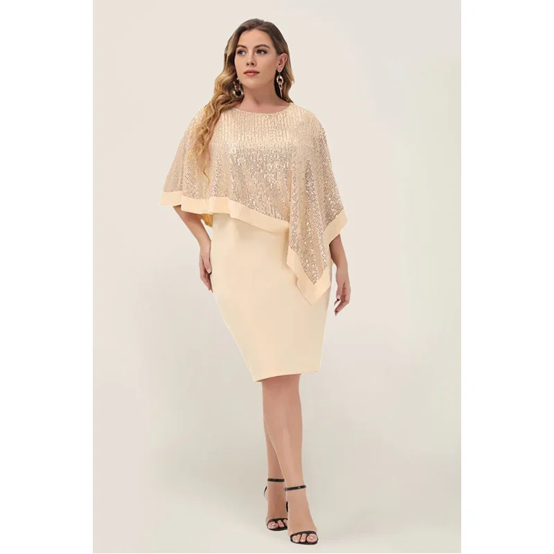 Plus Size Round Neck Shiny Loose Stretch Package Hip Midi Dress 4XL5XL Plus Size Elegant Luxury Plus Size Summer Sequin Dress