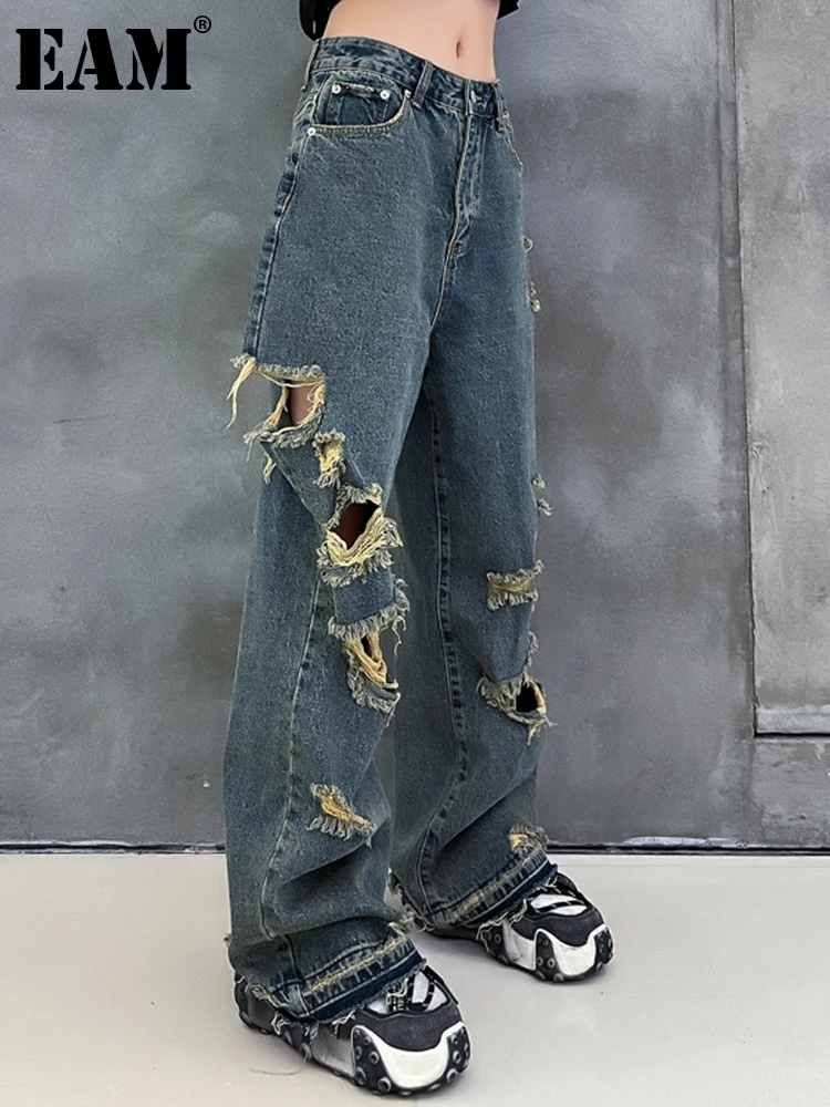 

[EAM] High Waist Blue Irregular Holes Long Burr Wide Leg Jeans New Loose Women Trousers Fashion Tide Spring Autumn 2022 1DE8049