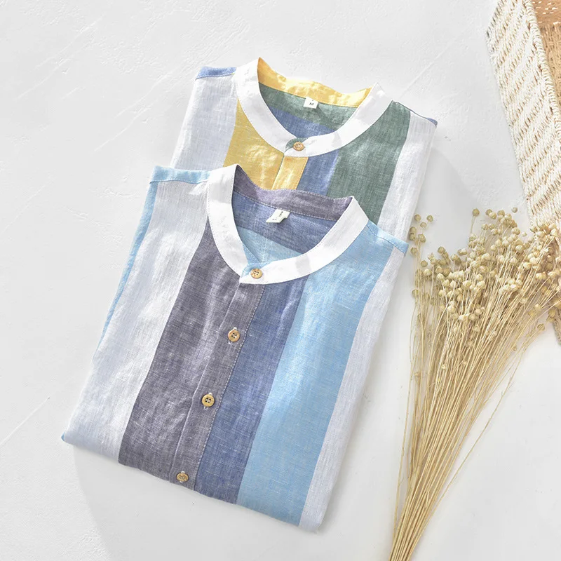 Top Selling Product In 2022 New Summer Linen Striped Shirt Casual Fashion Men's Short Sleeve Stand Collar Shirt Men's Clothing