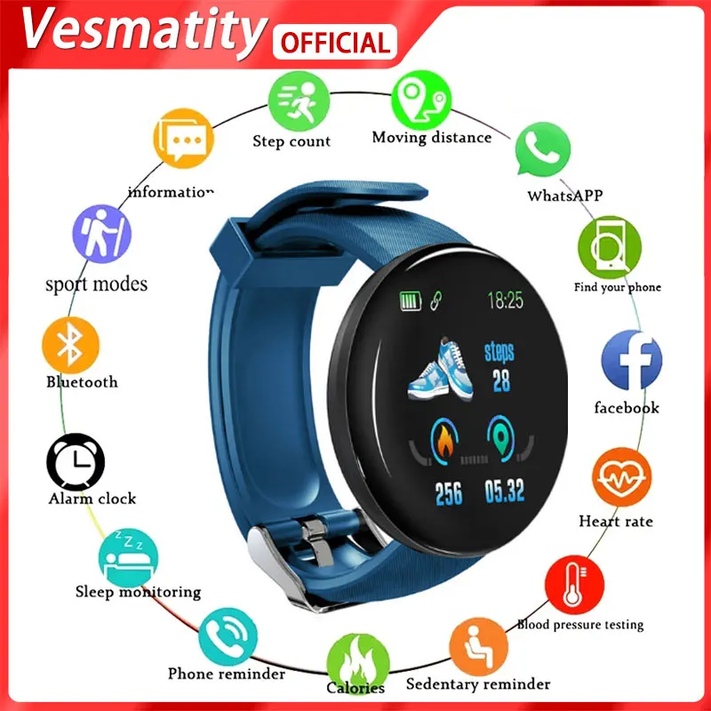 

Vesmatity D18 Smart Watch Men Women Heart Rate Clock Blood Pressure Monitor Smart Sports Waterproof Smart Watch for IOS Android