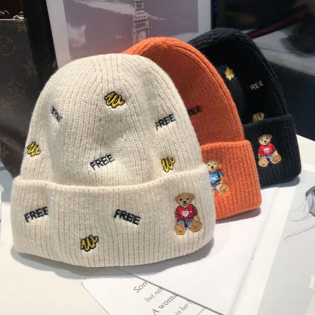 

2023 New Bear Letter Wool Hat Woman Korean fashion Cap Trend Warm Ear Protection Cute Winter Knitted Hat Tide