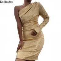 kohuijoo women sequined dress long sleeve one shoulder skew neck bodycon mini sexy sequin dress women party night elegant gold