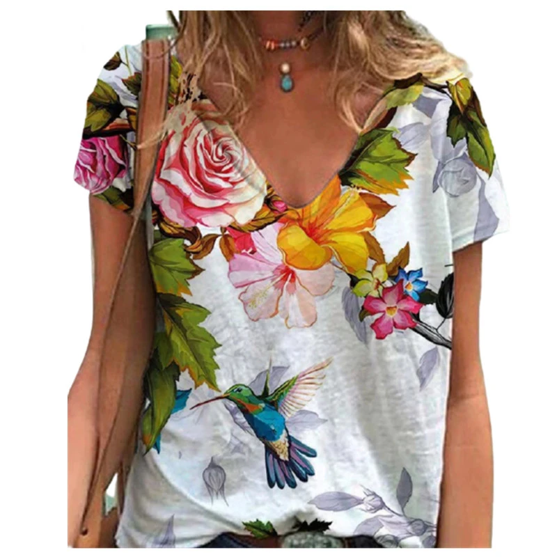

S-3XL Casual Summer T Shirt 2022 New Women Animal Print Tee Tops Short Sleeve Loose V-Neck Top Female Street Hipster Plus Size