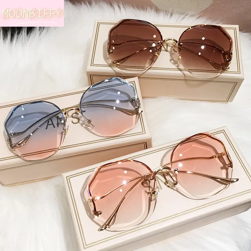 

Sunglasses Women 2023 Fashion Tea Gradient Ocean Water Cut Trimmed Lens Metal Curved Temples Sun Glasses Cycling Female UV400