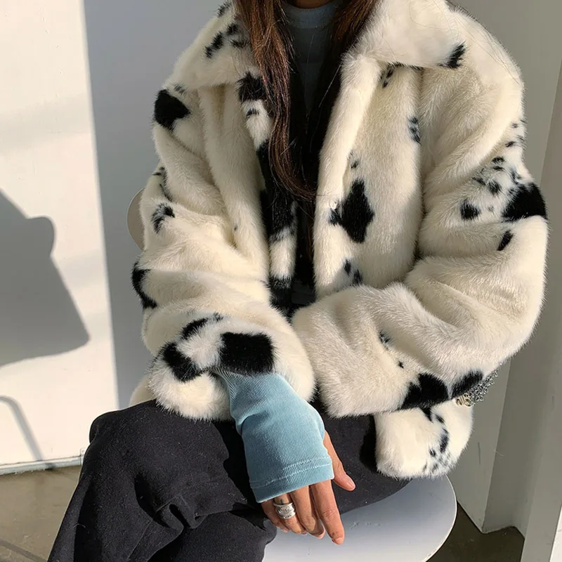 Korean Small Cow Pattern Imitation Mink Fur Coat Women Short Thick Black and White Spotted Plush Coats Female College Jackets