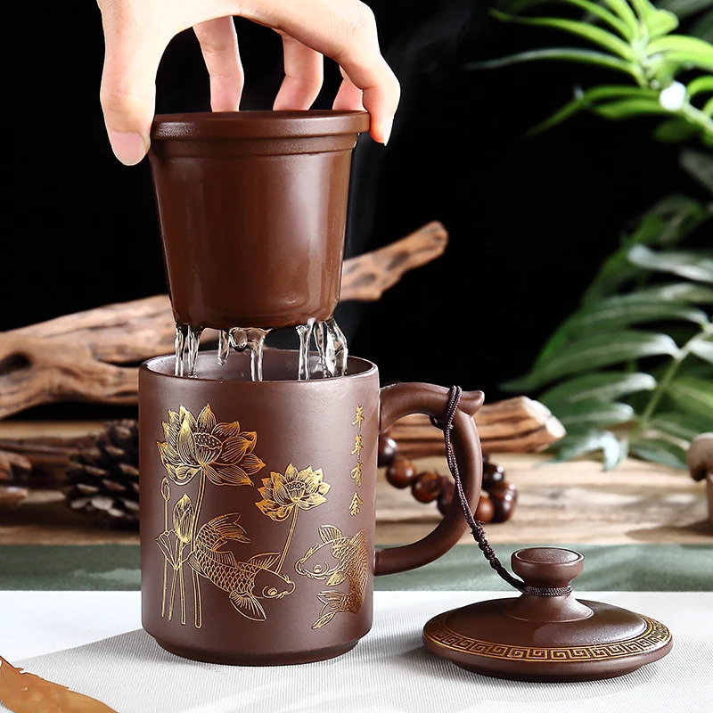 

Yixing Large Capacity Purple Sand Cup Men's Tea Cup with Cover Tea Set Office Ceramic Household Personal Water Cup Handmade