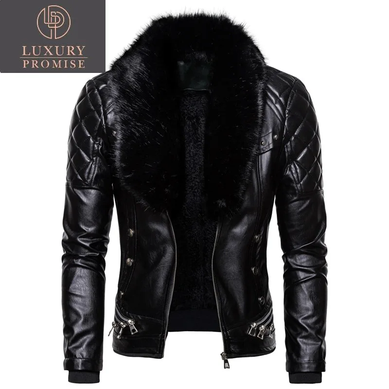 

New Arrival Hight Quality Fur Collar Luxury Zipper Men Jacket Coat Autumn Winter Black Plus Velvet Leather