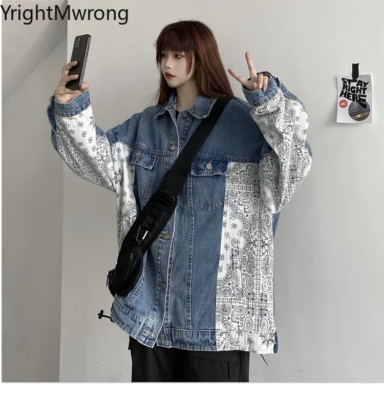 

Bandana Colorblock Button Up Jeans Denim Coat Jacket Fall Fashion Windbreaker Oversized Overcoat Woman Man Outfit Kpop Harajuku