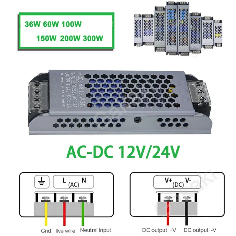 

DC12V/24V Ultra Thin LED Power Supply Lighting Transformers Adapter Switch 36W 60W 100W 150W 200W AC110-265V For LED Strips U26