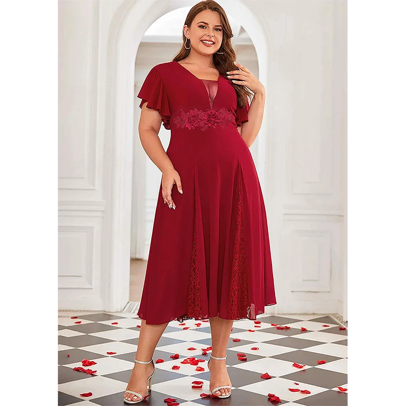 2023 Plus Size Short Sleeve Applique Dress Wedding Luxury V Neck Lace Plus Size Dress Women Summer Mid Length Ruffle Madi Dress