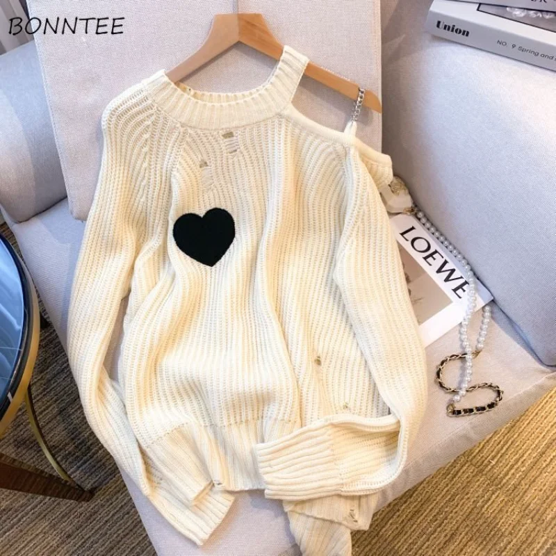 

Love-Patchwork Sweaters Women Pullovers Ripped Clothes Hotsweet Baggy Designer Apricot Off Shoulder Girlish Knitwear Temper Ins