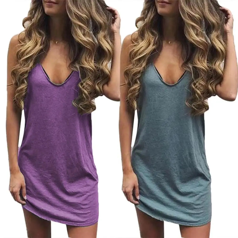 

Spaghetti Straps Women Dress Sleeveless Mini Casual Solid Color V Neck Beach Dress