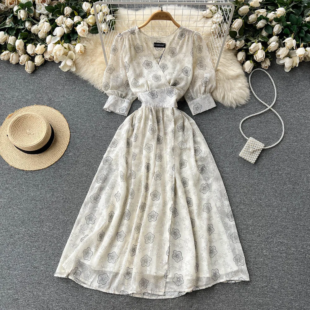 

2022 Summer New French Style Elegant V-neck Waist Trimming Lace up Puff Sleeve Elegant Dress