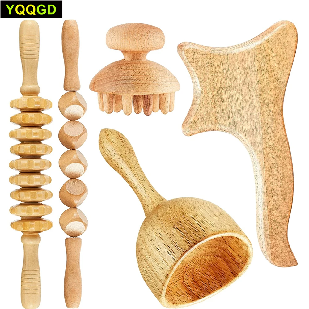 

5Pc Wood Therapy Massage Tool Gua Sha Tool Lymphatic Drainage Massager Anti Cellulite Massage Roller for Full Muscle Pain Relief