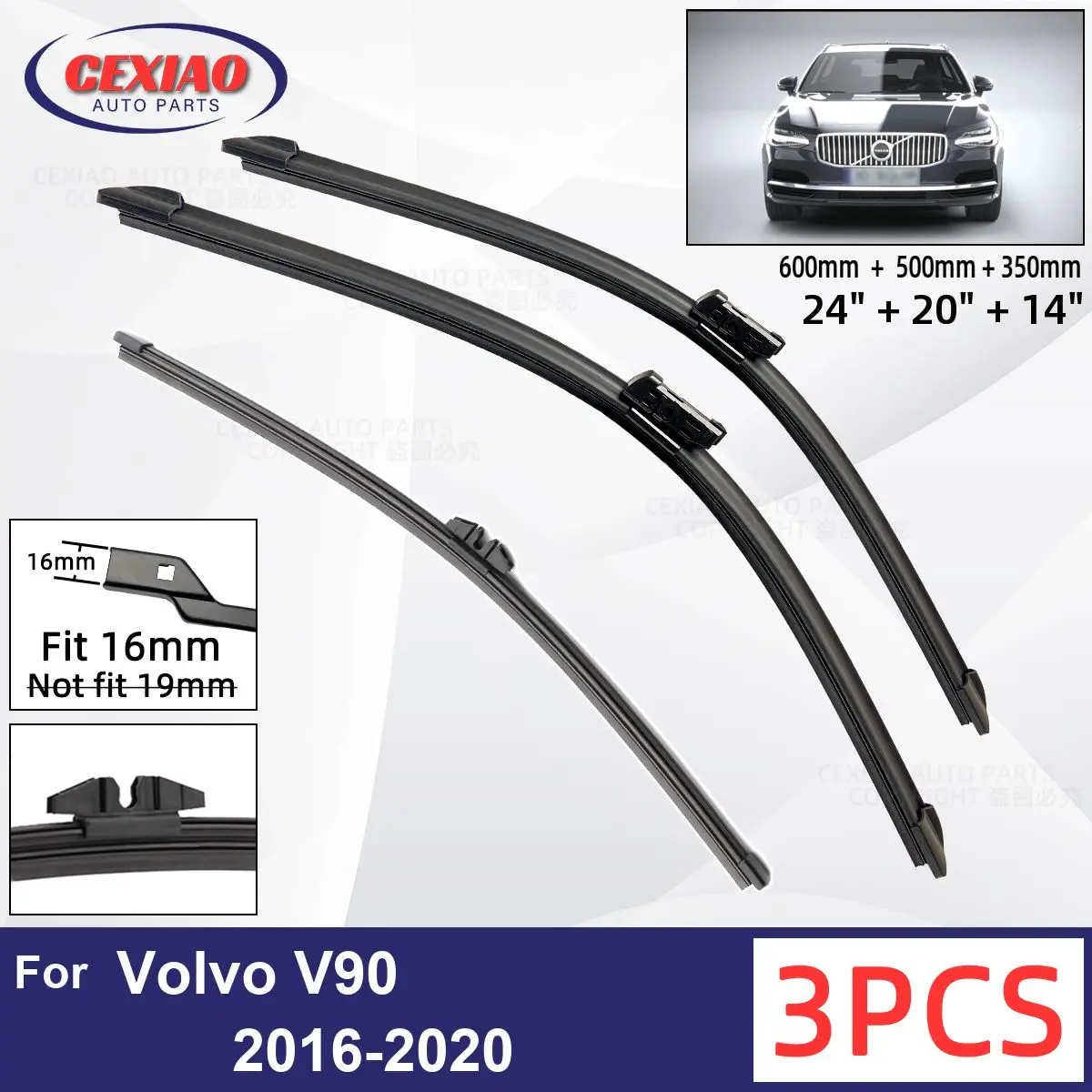 

For Volvo V90 2016 - 2020 Car Front Rear Wiper Blades Soft Rubber Windscreen Wipers Auto Windshield 24"+20"+14" 2017 2018 2019