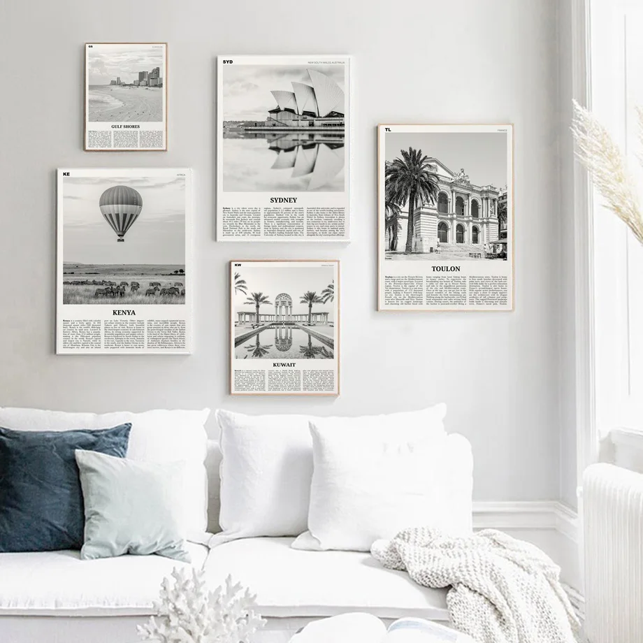 Ретро Сидней Картина на холсте "Город Черно-белых Кокосовых Деревьев" постеры и печати Нордический постер и изображения для декора гостиной.