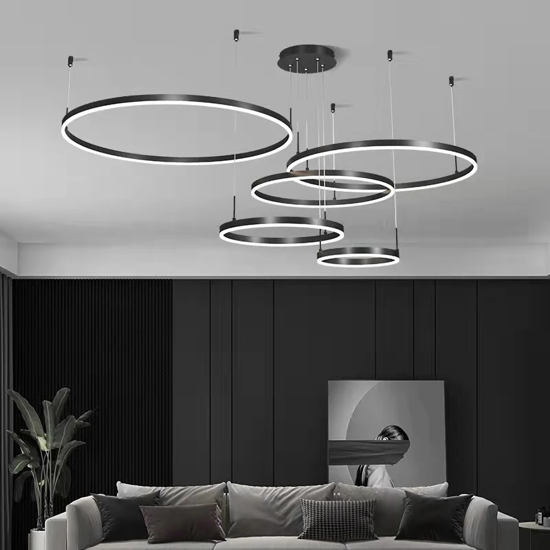 

Black Duplex Chandelier Empty Living Room Stair Lamp Creative Personality Ring Lights Modern Simple Restaurant Hanging Lamps
