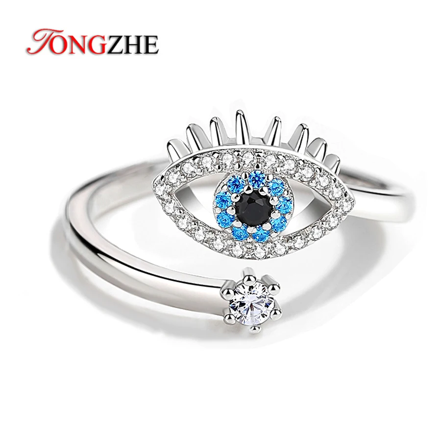 TONGZHE 925 Sterling Silver Adjustable Finger Rings For Women Luck Evil Eye Ring Open Blue Stone Luxury Jewelry Gift