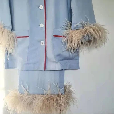 Women Fashion Cotton Pajamas Two-piece Suit Luxury Ostrich Feather sleepwear  gece sikiş