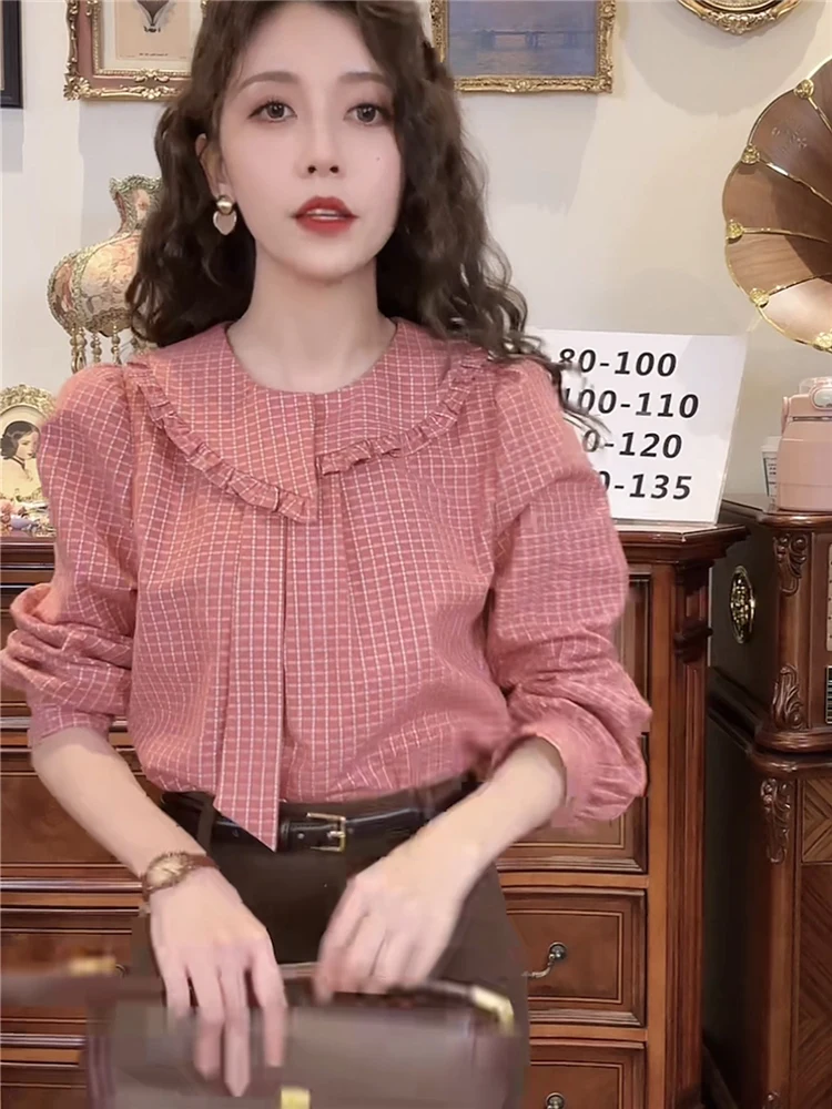 Осень и зима 2023 новые клетчатые рубашки с нерегулярным кукольным воротником