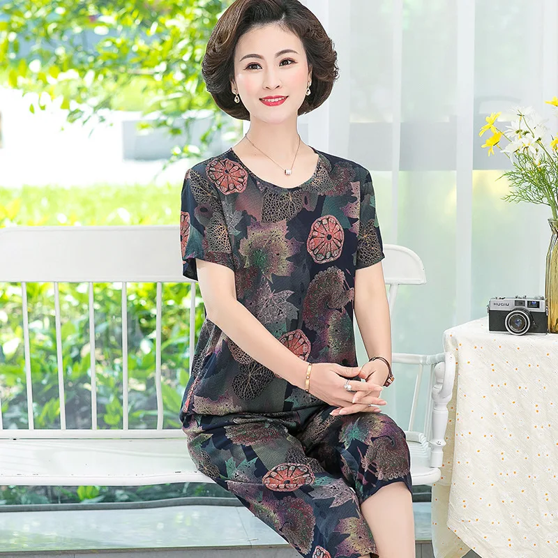 Fdfklak XL-4XL Printing Mother's Sleepwear Set Cotton Short Sleeve Cropped Pants Two Piece Middle Aged Women Pajamas Home Suit