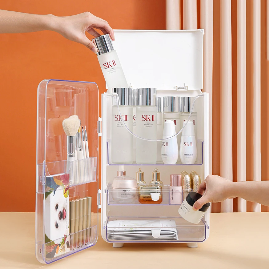 

Plastic Extra Large Makeup Storage Cabinet Easy Top Front Open Cosmetic Organizer Box with Drawer for Lipstick Brushes Lotion