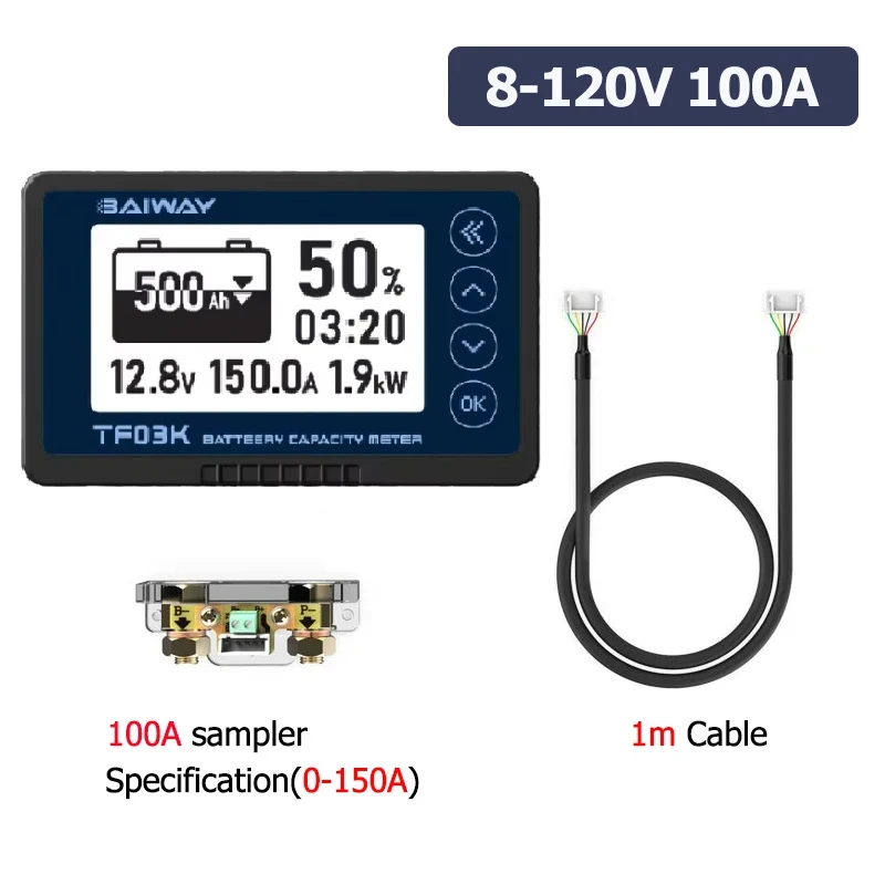 

TF03K Кулоновый измеритель 8-120 В 50 А/100 А/350 А/500 А Индикатор емкости аккумулятора Электрический автомобиль/фургон Дисплей напряжения и тока Монитор батареи
