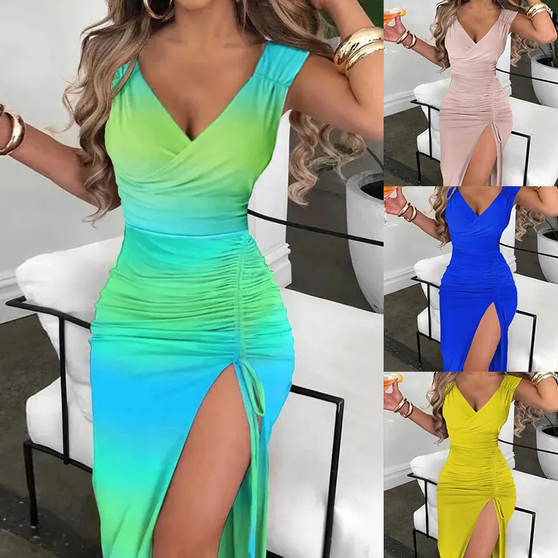 

Summer Sexy Sleeveless Dress Women Fashion Plus Size Gradient Printing V-neck Sleeveless Drawstring Slit Slim Dress Women