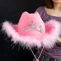 women wide brim fedoras women girl tiara western pink cowboy hat for party cowgirl hat plush party cosplay costume