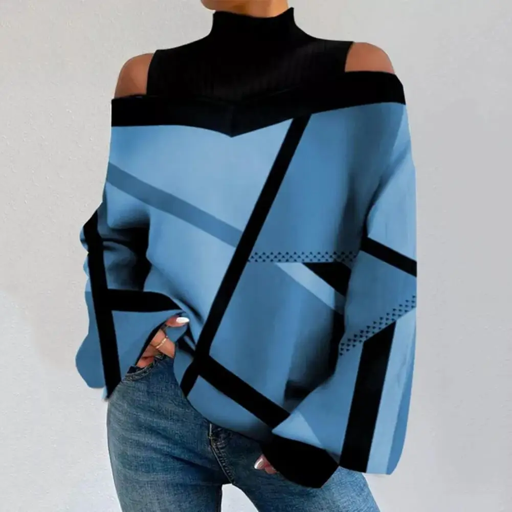 

Off-shoulder Top Geometric Print Off Shoulder Pullover Stylish Women's Loose T-shirt Blouse for Fall Spring Geometric Print Top