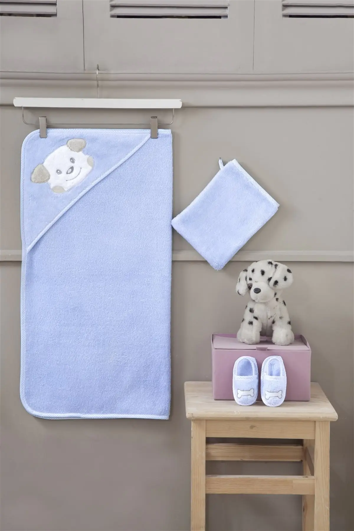 Baby Towel Swaddle Pouch Set Puppy 100 Cotton Blue Baby & Kids Bathroom Home & Furniture