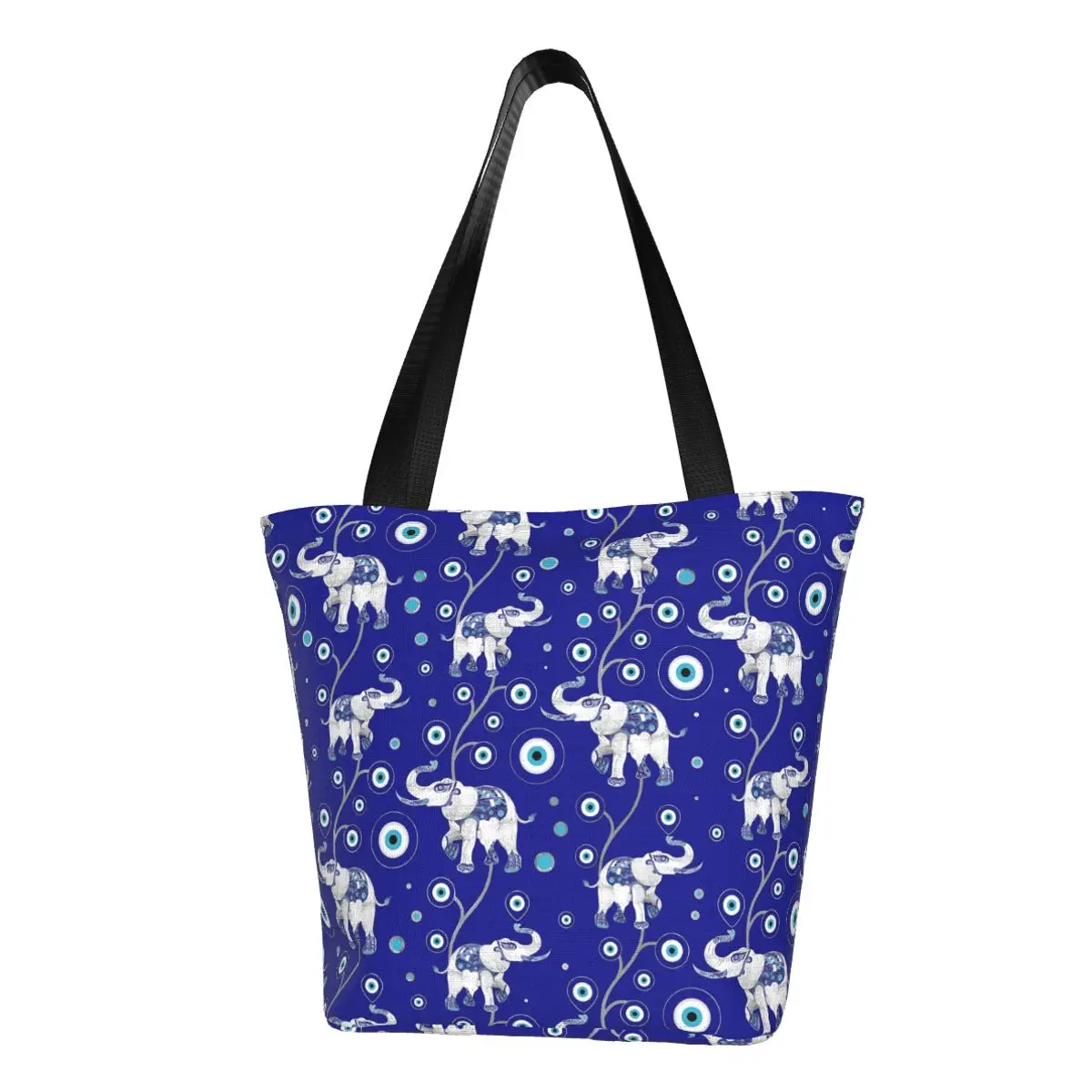 

Evil Eye Elephant Shopper Bag Good Luck Amulet Reusable Handbags Polyester Outdoor Tote Bag Female Custom Shoulder Bag