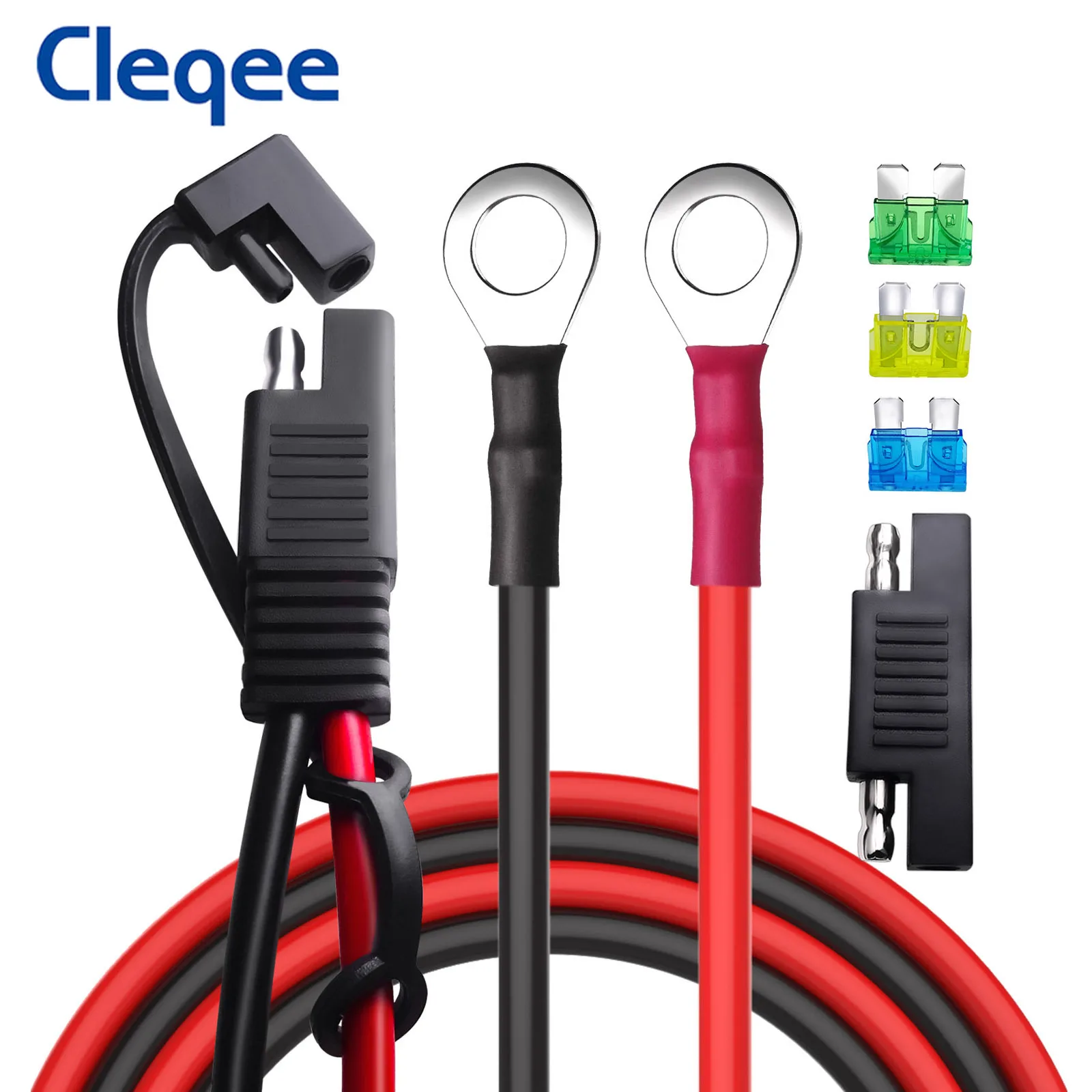 Cleqee T10074  SAE Battery Connector to O Ring Terminal Extension Cable Harness 10AWG Quick Disconnect 15A/20A/30A Fuses 60cm/1M