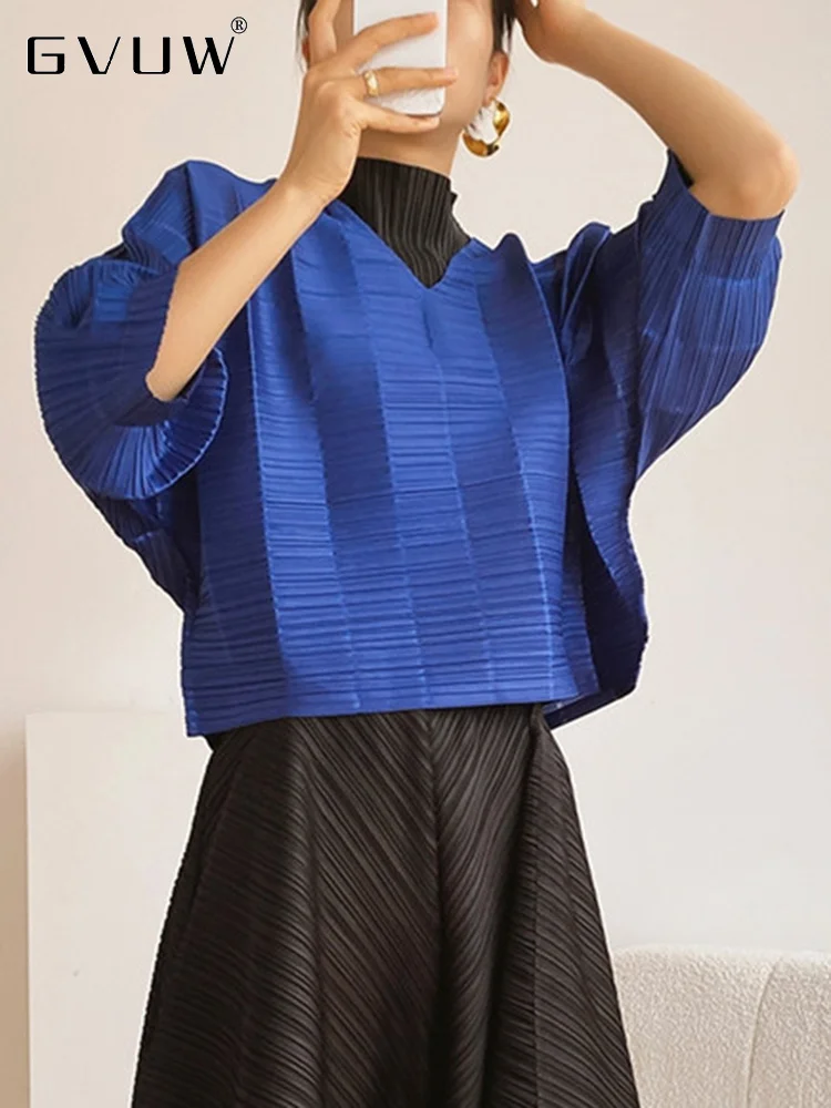 

GVUW Pleated Top Women's Three Quarter Sleeve Solid Color V-Neck Loose Dropped Design Silver Loose 2023 Summer New Cloth 17G1676