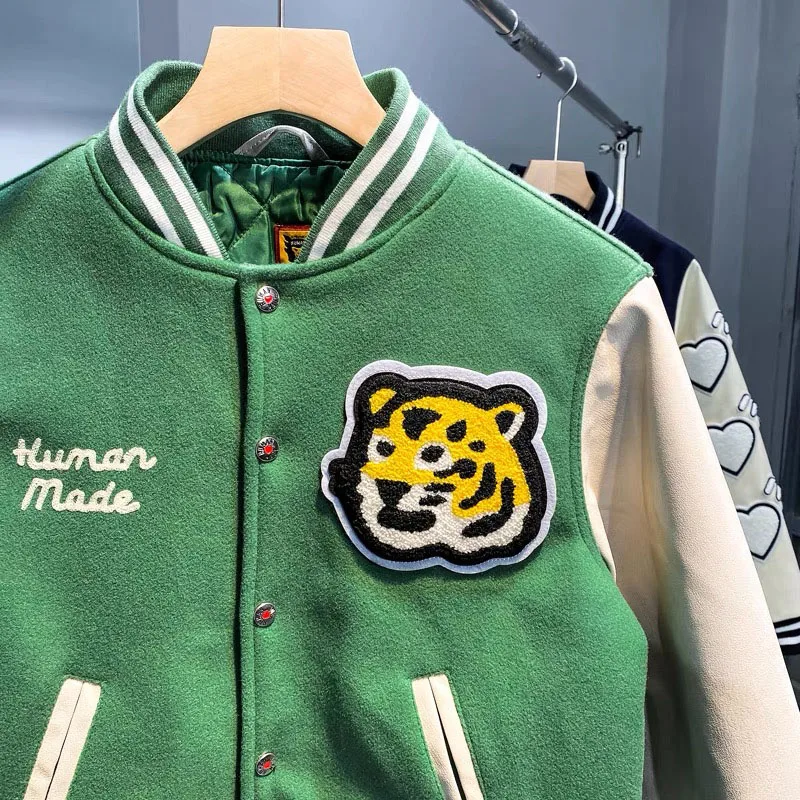 

Human Made Girls Don’t Cry Baseball Jersey Tiger Head Leather Sleeves Men Women Patchwork Jacket Baseball Jersey