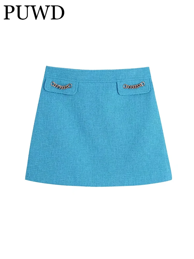 

PUWD Women Trim Chain Blue Textured Elegant and Dignified Commuting Formal Soft Casual Vintage 2022 Summer Female Short Skirt