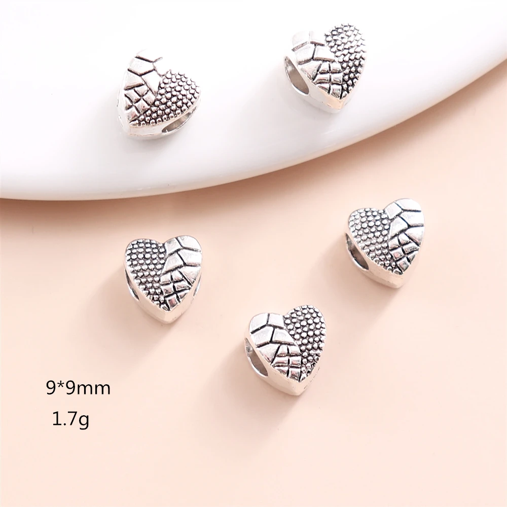 Wholesale Bulk 60PCS Vintage Silver Big Hole Beads Metal Heart Accessories for Women's Pandora Charm Bracelet Jewelry Making | Украшения