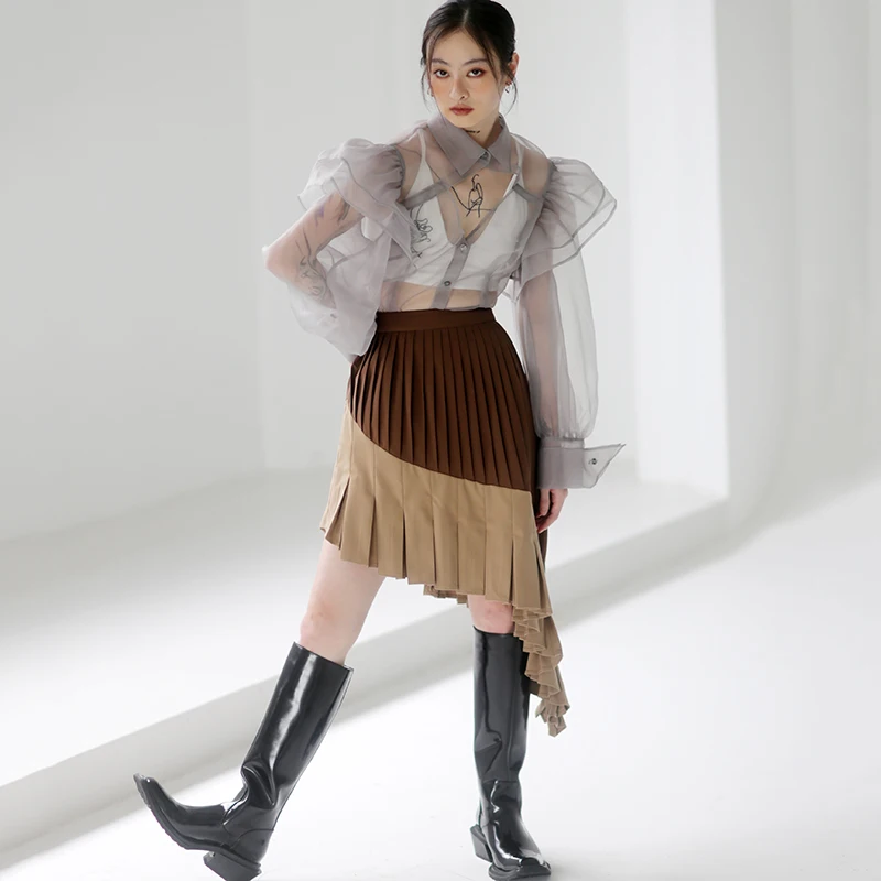 

Простая плиссированная Асимметричная юбка-трапеция SeeBeautiful, средней длины, контрастных цветов, новая мода 2022 года, осенняя Женская юбка Q689