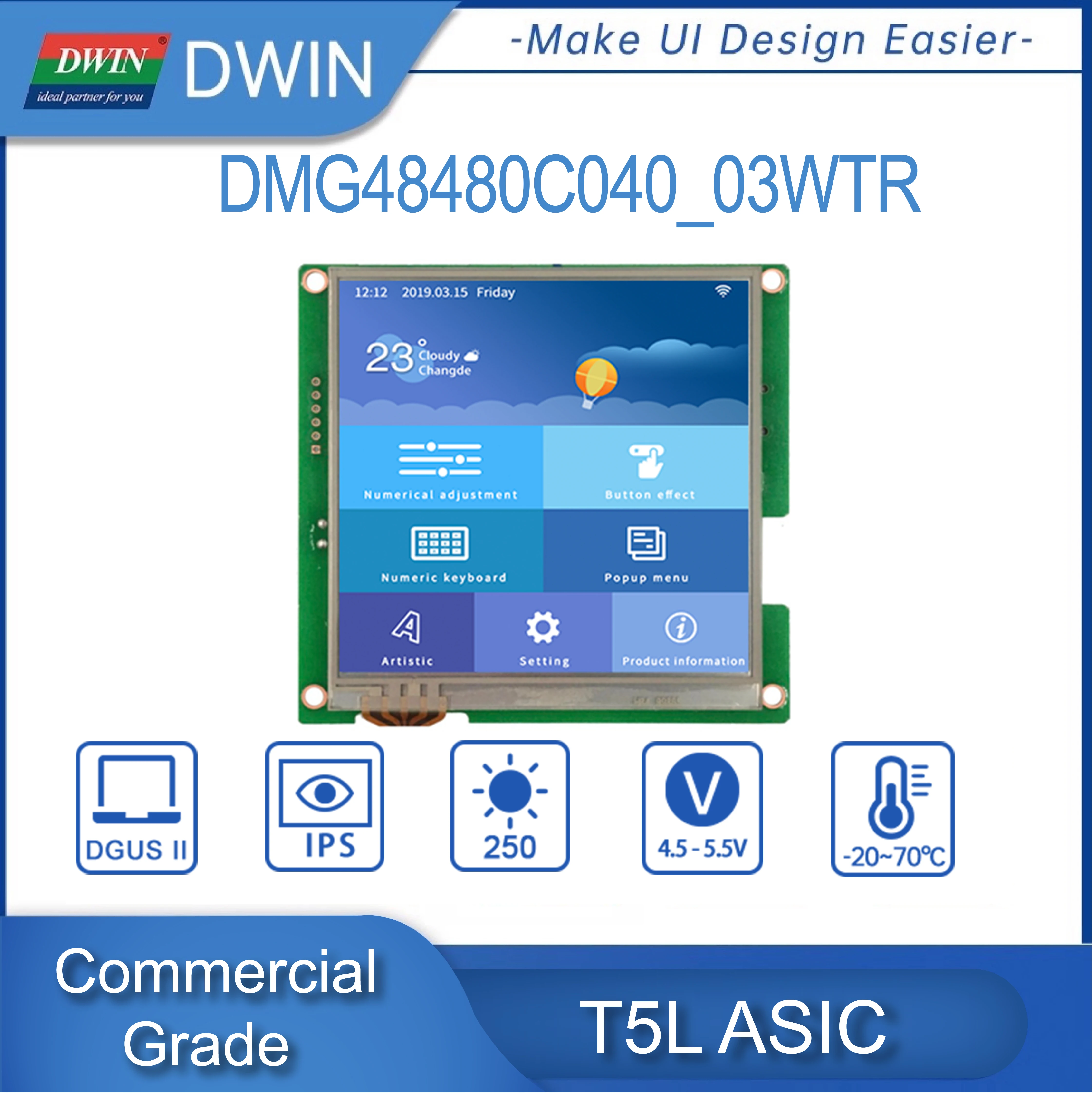 DWIN 4 Inch 480*480 Square LCD Display Commercial Grade HMI Smart Touch Screen UART Serial 250nit LCD Module DMG48480C040_03W images - 6