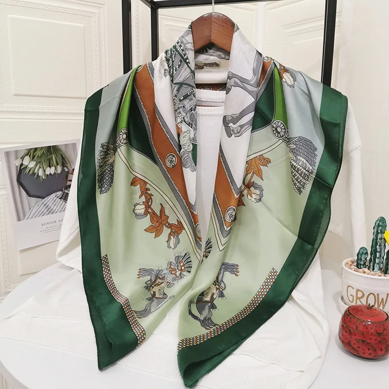 

New ins wind silk scarf female welcome spring horse gray green scarf decoration sunscreen scarf silk thin square scarf shawl