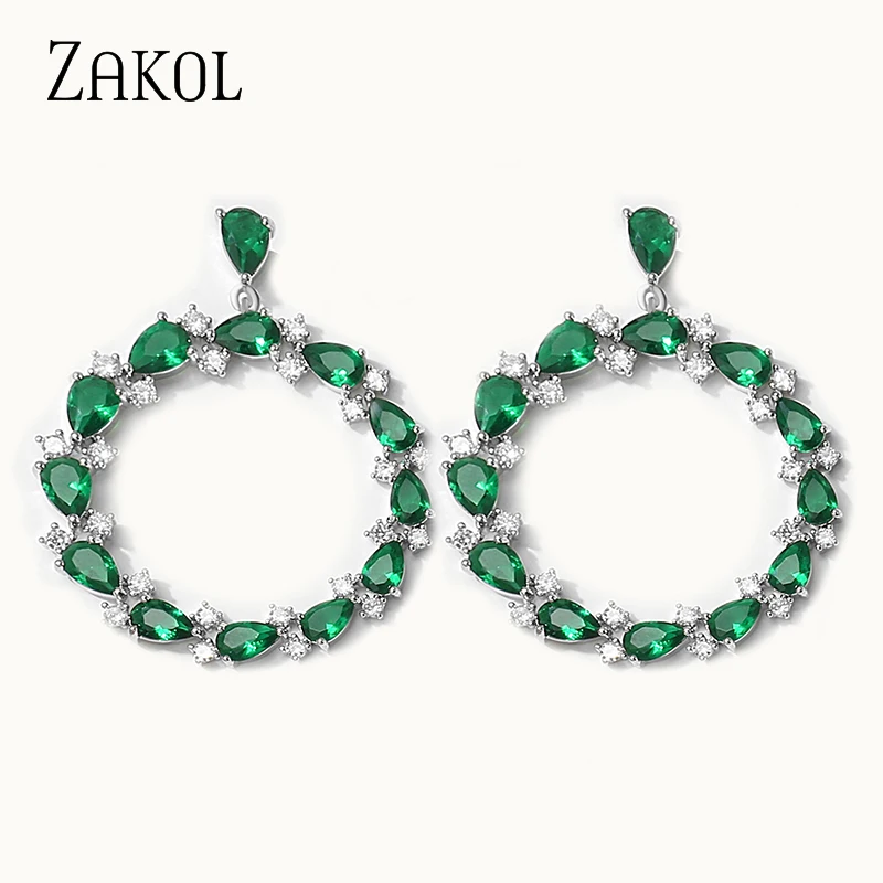 

ZAKOL Luxury Green Big Hollow Circle Bridal Earrings for Women Vintage Water Drop Cubic Zirconia Dangle Earring Wedding Jewelry